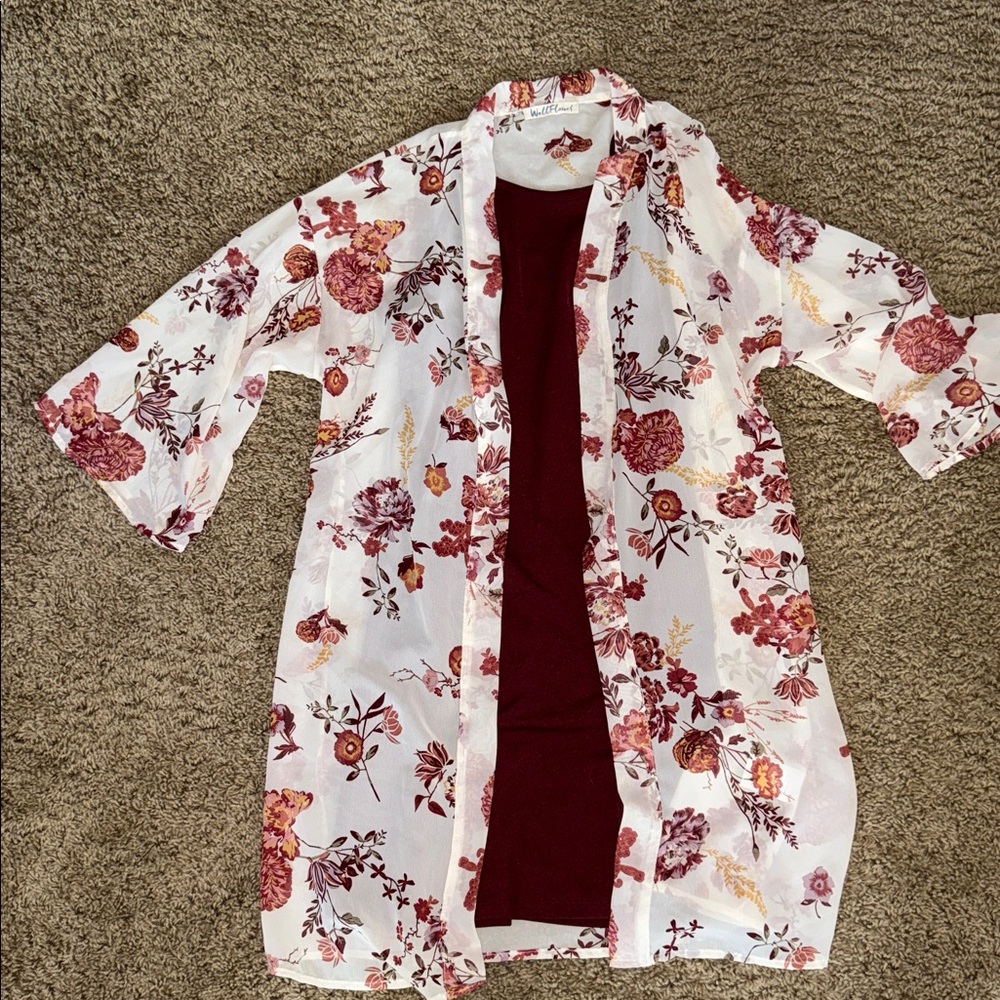 Wallflower Burgundy Dress and Floral Kimono Set